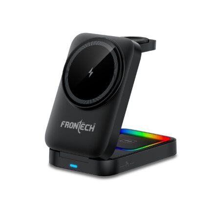 Frontech 3-in-1 Magnetic Wireless Charger with Night Light Fast Charging Type-C Input for iPhone AirPods & Apple Watch Foldable Stand (CCH-0017B)