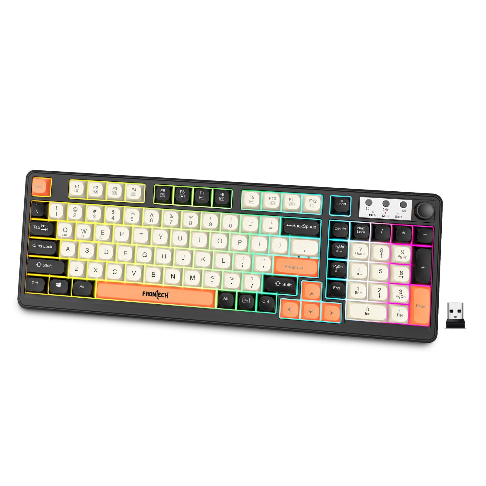 01_KB0026P.jpg Frontech KB-0026P Wireless Gaming Keyboard 98 Keys Layout 19 Anti-Ghosting Dual Wireless 2.4GHz & BT 5.1 Rainbow Backlight 2000mAh Audio Knob Type-C 1 Year Warranty - Image 1